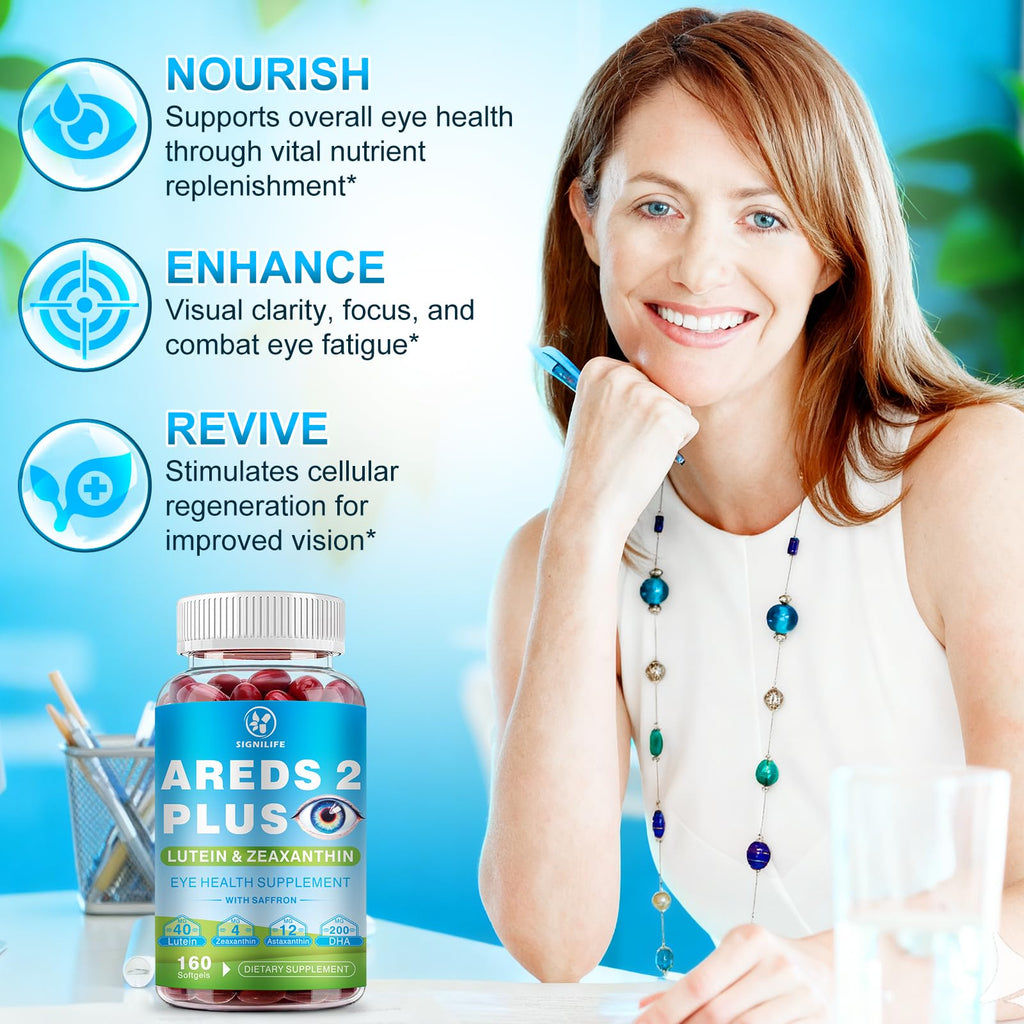 SIGNILIFE AREDS 2 Plus Eye Vitamins-40mg Lutein and 4mg Zeaxanthin with Astaxanthin 12mg,Vitamins C, E, Saffron & DHA - Eyebright,Blue Light Protection,Eye Health Support-160 Softgels