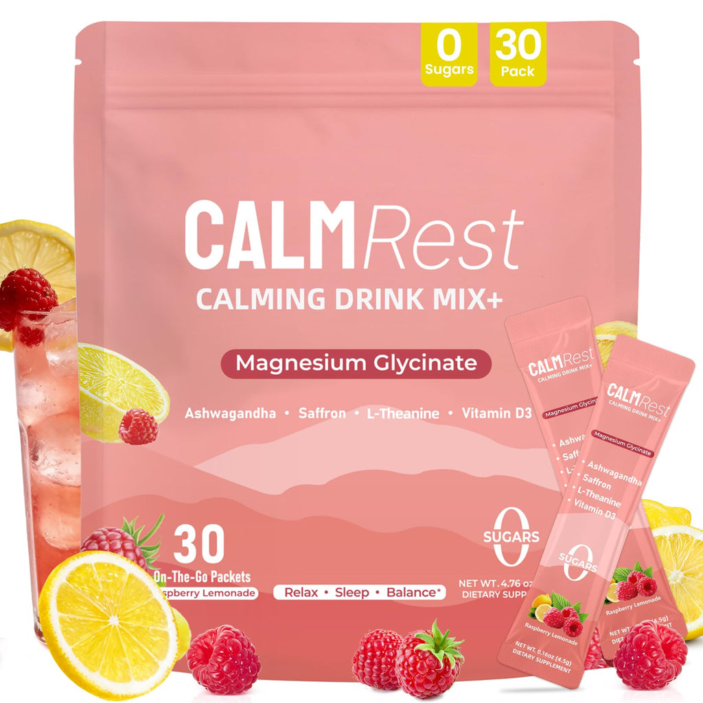 CalmRest Calm Magnesium Powder Calming Drink Mix Cortisol Supplement for Women with Ashwagandha, Saffron, L Theanine, Vitamin D3-Stress Relief & Relaxation Support, No Sugar, 30Ct, Raspberry Lemonade
