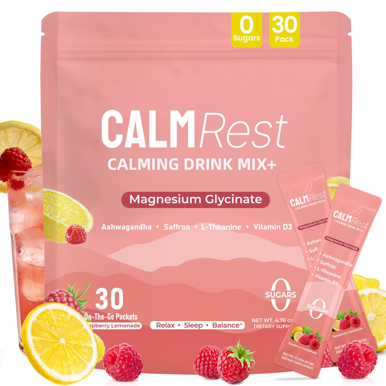 CalmRest Calm Magnesium Powder Calming Drink Mix Cortisol Supplement for Women with Ashwagandha, Saffron, L Theanine, Vitamin D3-Stress Relief & Relaxation Support, No Sugar, 30Ct, Raspberry Lemonade