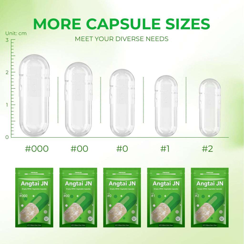 Angtai JN Vegan Capsules Size 00 Empty Plant Based Clear (1,000 Count) Gluten Free, Non-GMO, Halal Certified Pill Caps Filling Kit with 2 Spoons for Vegetarian DIY Your Own Supplements