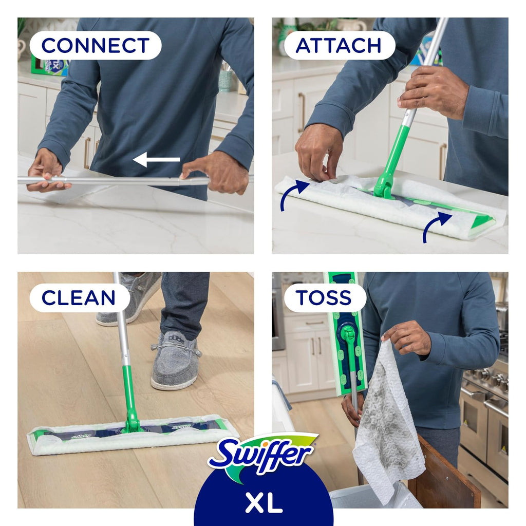 Swiffer Sweep + Mop XL, Broom & Mop Alternative, Floor Cleaner for Dirt, Dust, Hair, All Purpose Cleaning Tool for Home, Bathroom, Kitchen, Set Includes 1 XL Sweeper 8 XL Dry Pads 2 XL Wet Pads Fresh