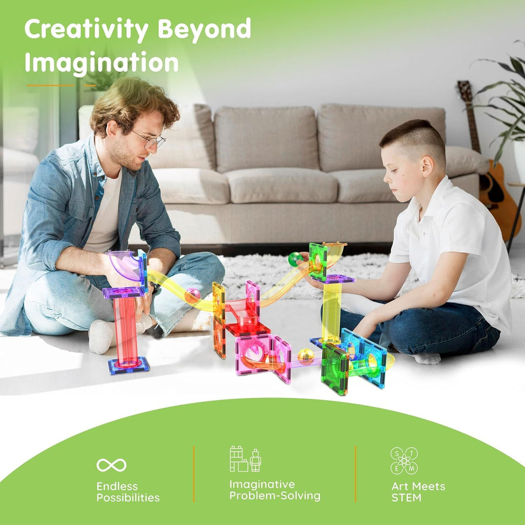 PicassoTiles Magnetic Tiles Marble Run Building Blocks Rainbow Color with Slide Drop Funnels Tubes STEM Educational Toy Set Compatible Durable Construction Kit for Kids Age 3+ Preschool Learning PTG40