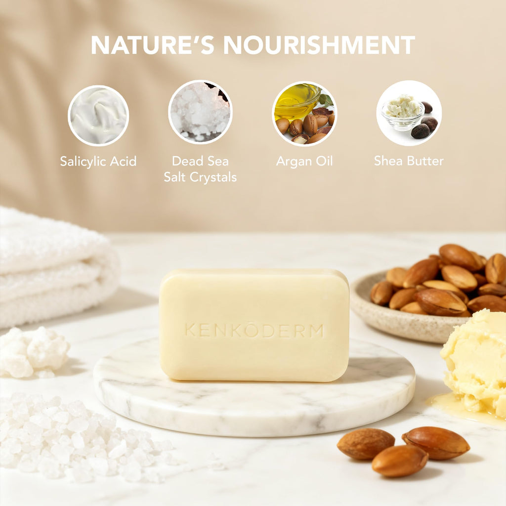 Kenkoderm Psoriasis Dead Sea Mineral Salt Soap with Argan Oil & Salicylic Acid, Natural Exfoliating Body & Face Cleanser for Sensitive Skin, Color & Fragrance Free, 4.25 Ounce, 1 Bar