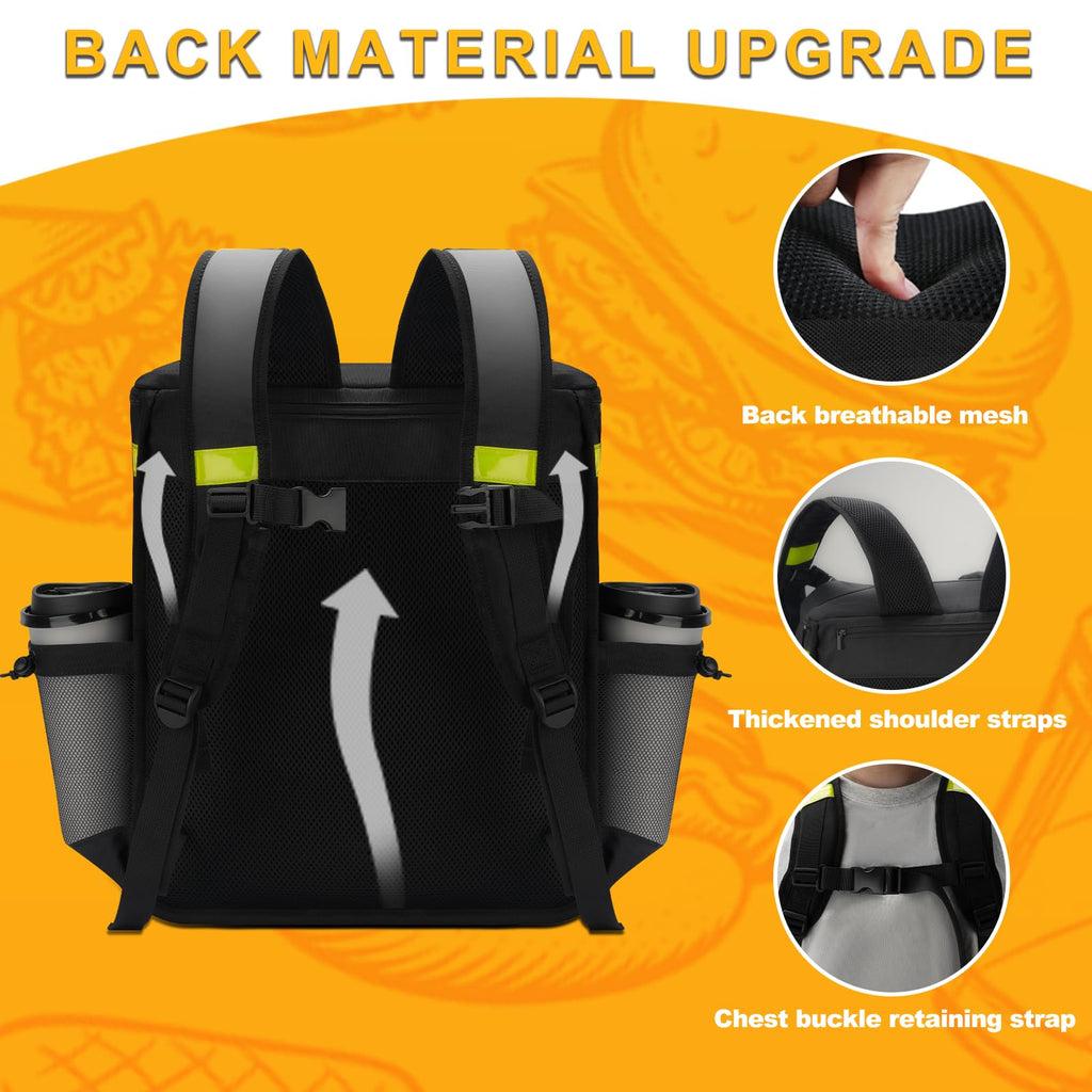 Ytonet Food Delivery Backpack with 7 Cup Holders, XX-Large Expandable Delivery Bag for Hot/Cold Food with Reflective Strip, Insulated Pizza Bags Fits for Bike, Uber-Eats, Grubhub, Doordash, Black