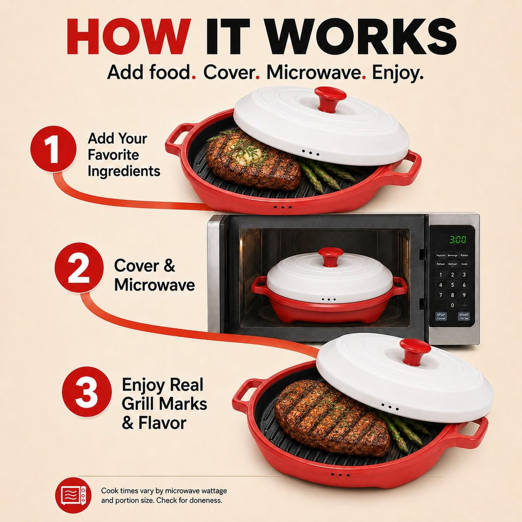 Rocket Chef Turbo Grill Deluxe Microwave Grill Pan, Vented Lid, Red
