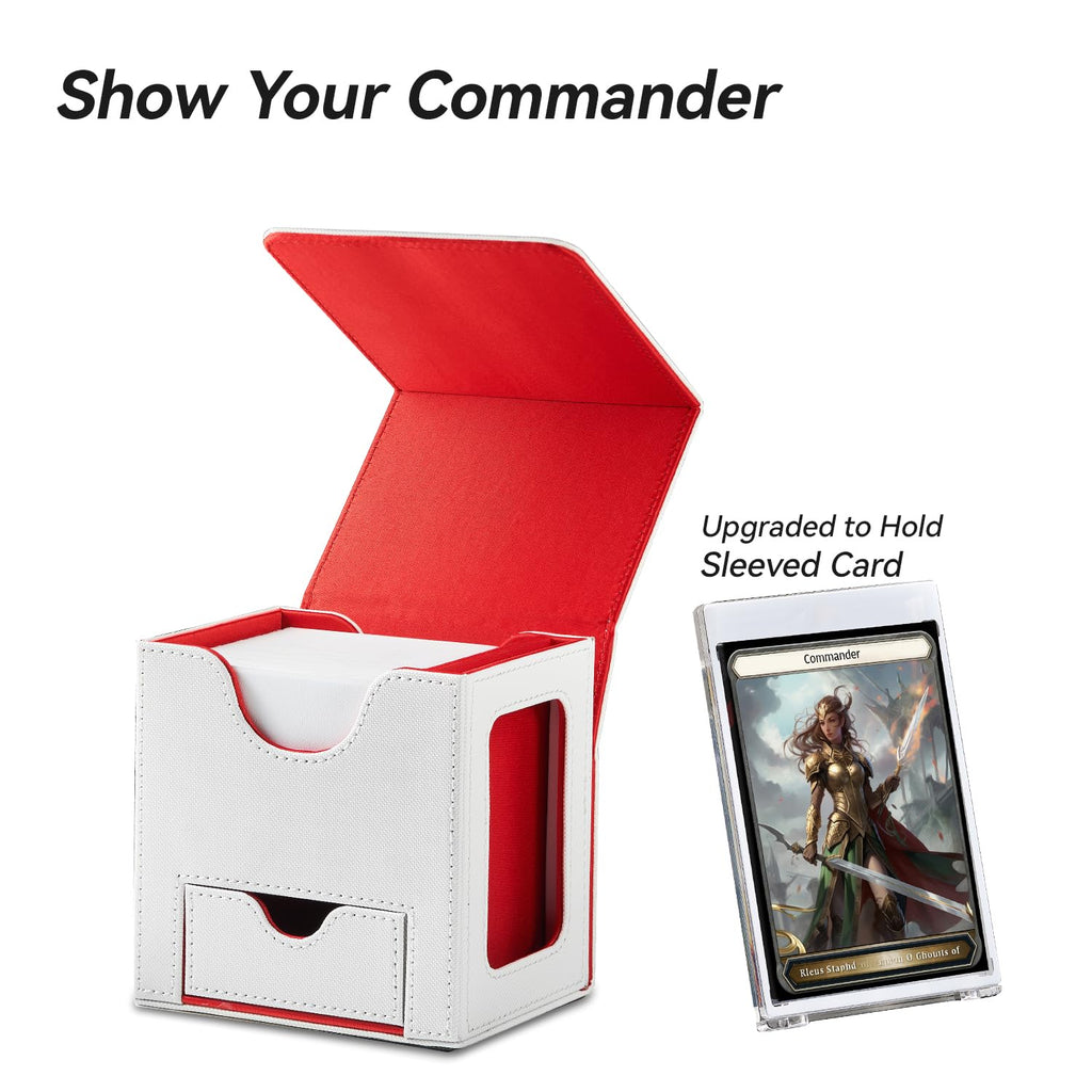 Mage Tech Card Deck Box for MTG Commander - Patented Design, Commander Display, Fits 100 Double-Sleeved Cards, 35pt Card Brick & Dice Tray - White/Red