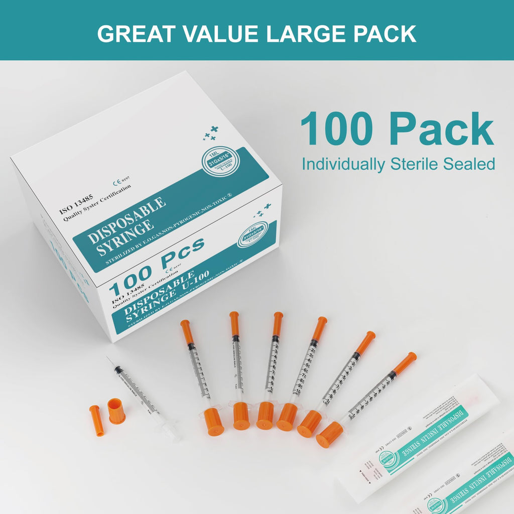 U-100 syringes with needle - 1ml 31G ( 31 gauge ) 5/16 inch syringe with needles scale in 100 units , 1 ml / 1cc Pack of 100 ( 100Pack )
