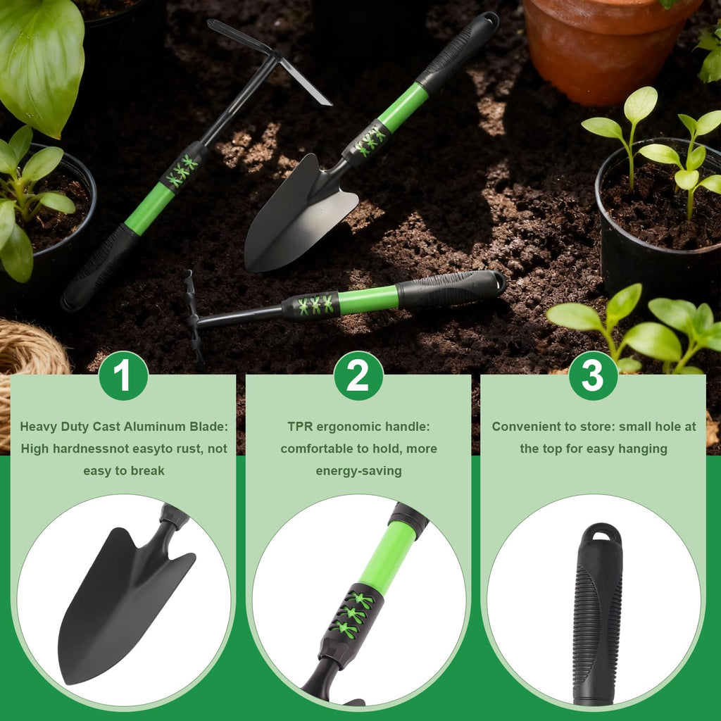 Zenrok Gardening Tool, 3 Pack Lightweight Heavy Duty Spade Shovel, Garden Tools and Hand Rake with Soft Rubber Non-Slip Handle, for Gardenging Planting Weeding Digging, Green ﻿