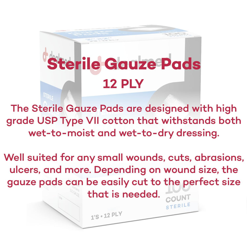 Dealmed 4x4 Sterile Gauze Pads - Disposable - 100 Count Case of 12