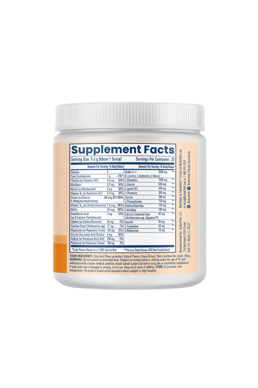 NativePath Native Hydrate, Zero Sugar, Electrolytes Powder with BCAAs, Tangerine Hydration, Keto & Paleo Friendly, 30 Servings