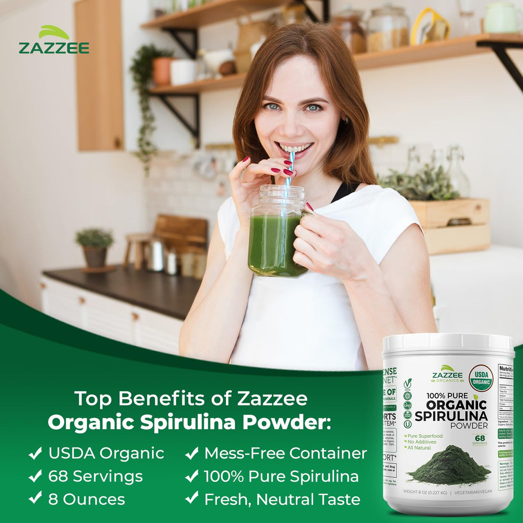 Zazzee USDA Organic Spirulina Powder, 8 Ounces, 68 Servings, Certified Kosher, 100% Pure, Non-Irradiated, Mess-Free Wide Mouth Container, Fresh Smell and Neutral Taste, Non-GMO, Made in The USA