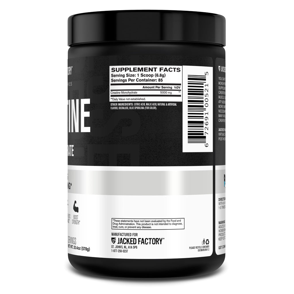 Jacked Factory Creatine Monohydrate Powder 20.4 oz (578g) - 5g Daily Creatine Supplement for Men and Women, Vegan-Friendly, Third-Party Tested - 85 Servings, Blue Raspberry