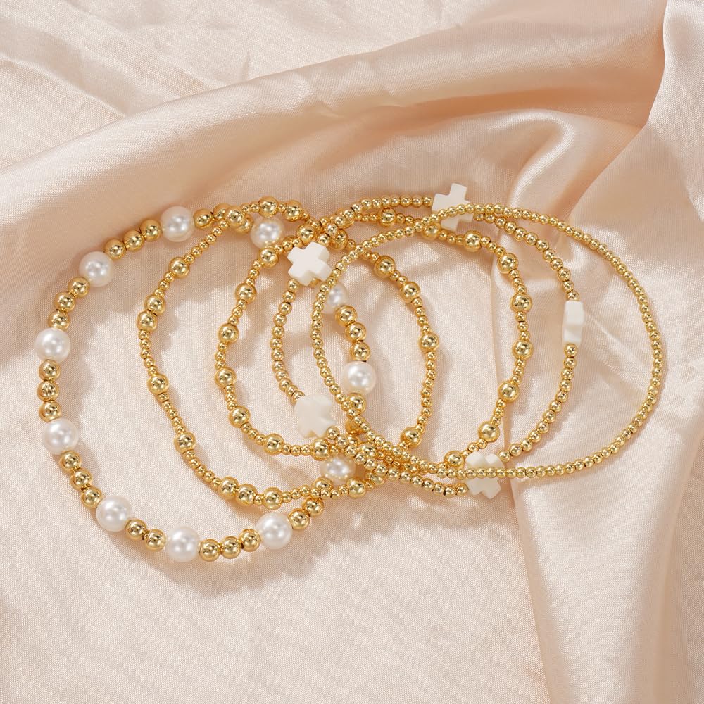 Dainty 14K Gold Beaded Cross Bracelet Stack for Women,Bohemian Stretch Pearl Gold Plated Ball Beads Non Tarnish Stackable Bracelets Set Fashion Prom Holiday Accessories Jewelry Gift Friendship