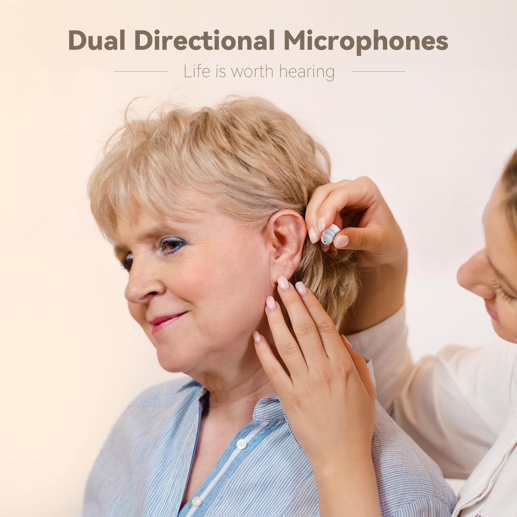 OTC Hearing Aids for Seniors - Hearing Aids with Digital Chips, Supermini Rechargeable Hearing Amplifiers Invisible with 16-Channel Sound Processing 3 Volume and 80H Wireless Charging Case (White)