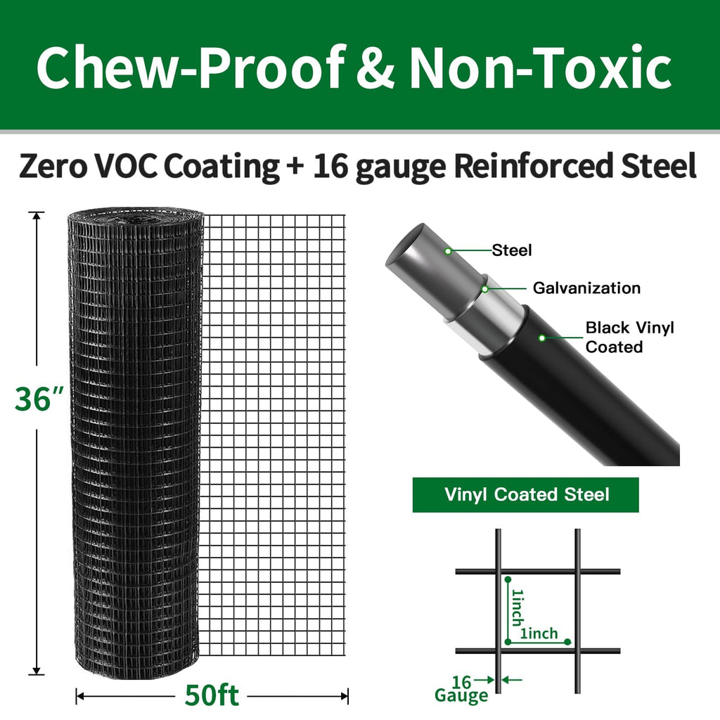 Amagabeli Black Hardware Cloth 1 x 1 inch 36inch x 50ft Heavy Duty PVC Vinyl Coated Wire Mesh Roll Weld Wire Fence Chicken Wire 12 Gauge Garden Fence Chicken Coop Fencing Gopher Rabbit Tree Guard