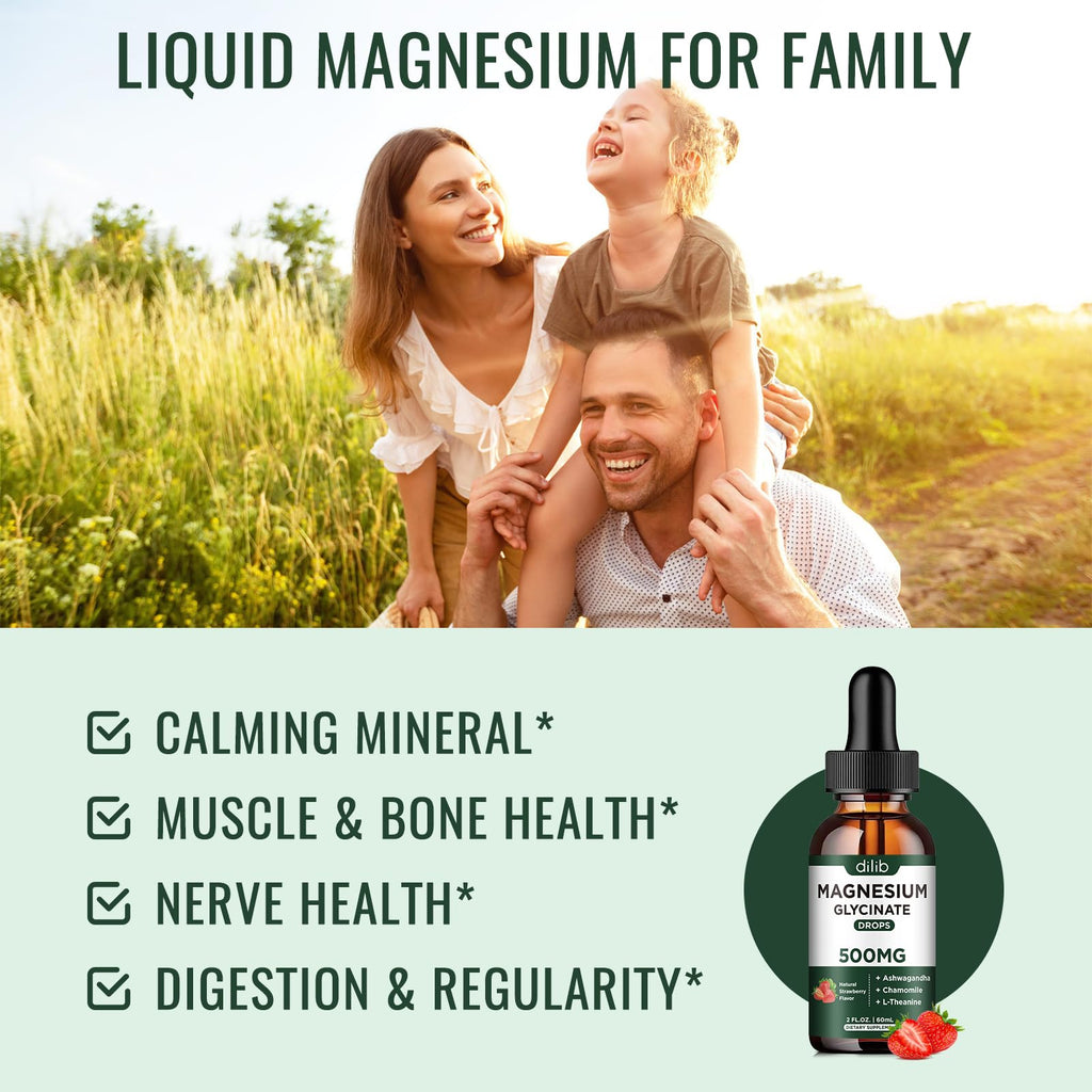 dilib Magnesium Glycinate Liquid Drops Supplement, with Magnesium Glycinate 500mg Ashwagandha, L - Theanine, Chamomile -Support Stress Relief, Bone, Muscle, Mood Strawberry Flavor 2Pack