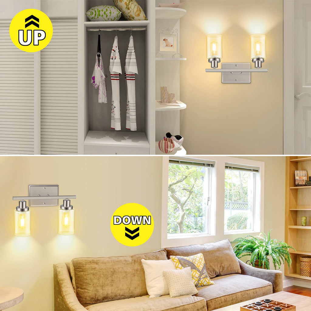 Ascher 2-Light Wall Sconces, Modern Vanity Light Fixture with Clear Glass Shade, Brushed Nickel Wall Light for Mirror Bedroom Hallway, E26 Base (Bulbs Not Included)