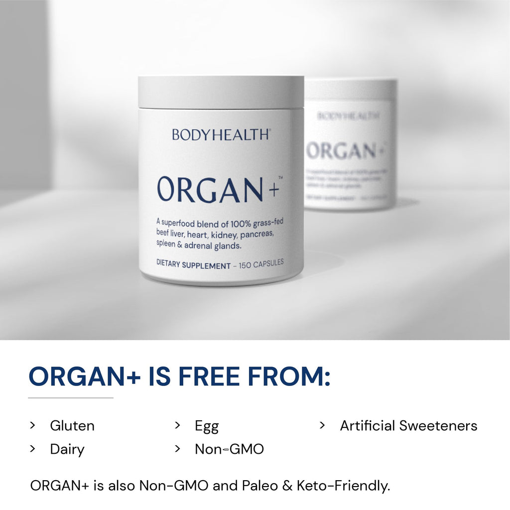 BodyHealth Organ+ Grass-Fed Glandular Organ Complex, Grassfed Beef Organ Supplement, Dessicated Beef Liver, Heart, Kidney, Pancreas, Spleen, Non GMO, Adrenal, Supplement, (150 Capsules)