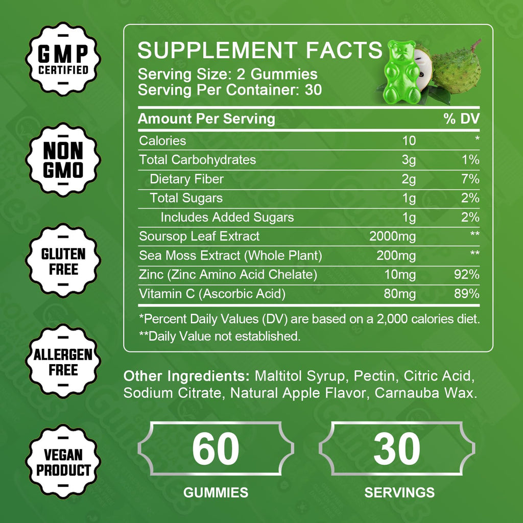 (2 Pack) Soursop Graviola Gummies - 2200mg Extra Strength Soursop Leaves Extract w/Sea Moss Extract 200mg, Zinc & Vitamin C - Supports Immunity, Liver & Digestive, Gluten Free, Vegan, 120 Gummies