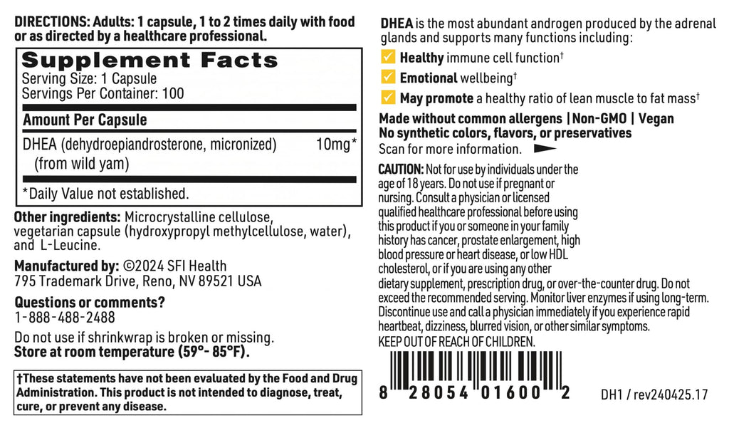 SFI Health Klaire Labs DHEA 10mg - Dehydroepiandrosterone Derived from Wild Yam - Micronized for Superior Absorption - Soy-Free, Hypoallergenic Supplement for Men & Women (100 Capsules)