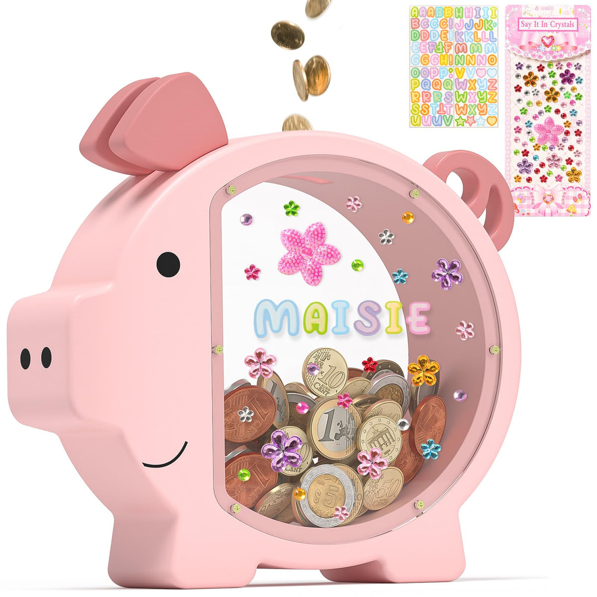 Summidate Pink Piggy Bank for Kids Girls,Large Wooden Pig Money Banks