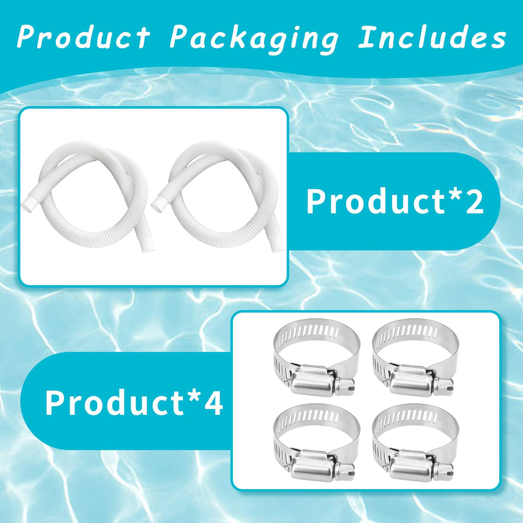 2 Pack 1-1/4 Inch x 3ft Foot Long White Above Ground Pool Flex Connection Hose with 2 Metal Clamps for Pump 330 GPH, 530 GPH, and 1,000 GPH Compatible with Intex Coleman Summer Waves Pool Skimmer