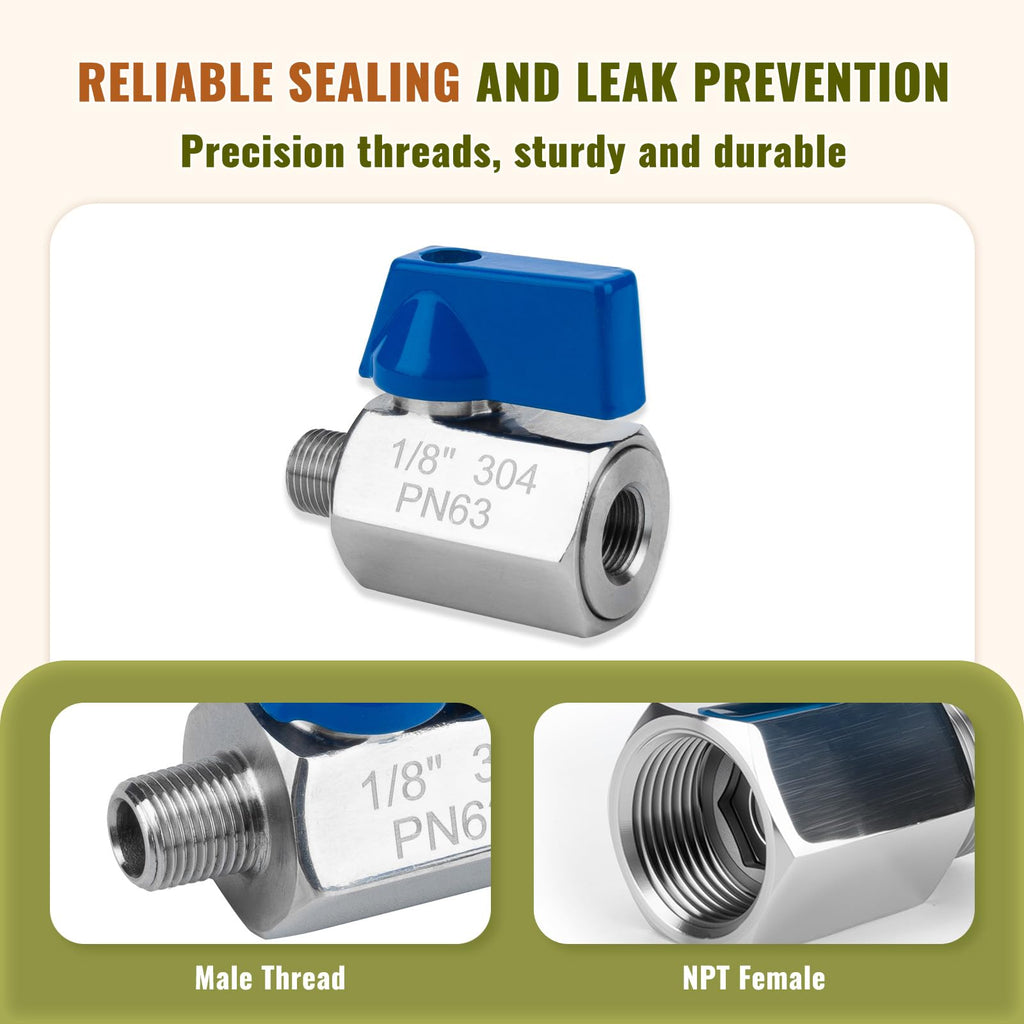 2 Pack 1/8" Mini Ball Valve, 304 Stainless Steel Valve NPT Female x Male Thread Shut-Off Valves for Small Compact Space (2, 1/8 Inch)