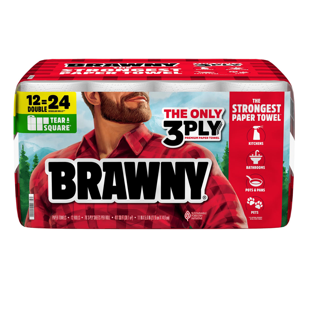 Brawny Tear-A-Square 3-Ply Paper Towels, 12 Double Rolls = 24 Regular Rolls