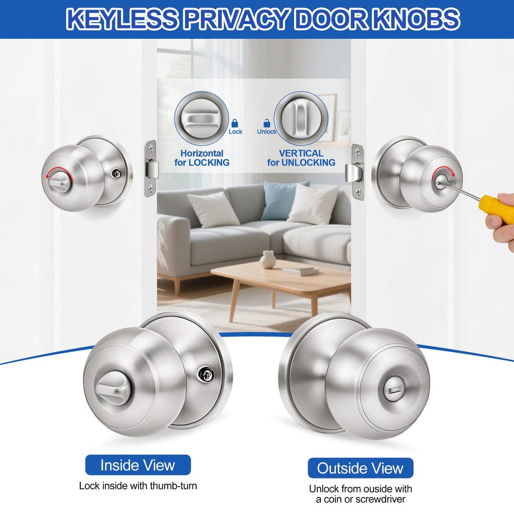 Plustool 8 Pack Brushed Nickel Door Knobs,Privacy Door Knob with Lock, Interior Doorknobs Silver, Keyless Door Locks Set for Bedrooms Bathrooms, Reversible for Left/Right Door Handle
