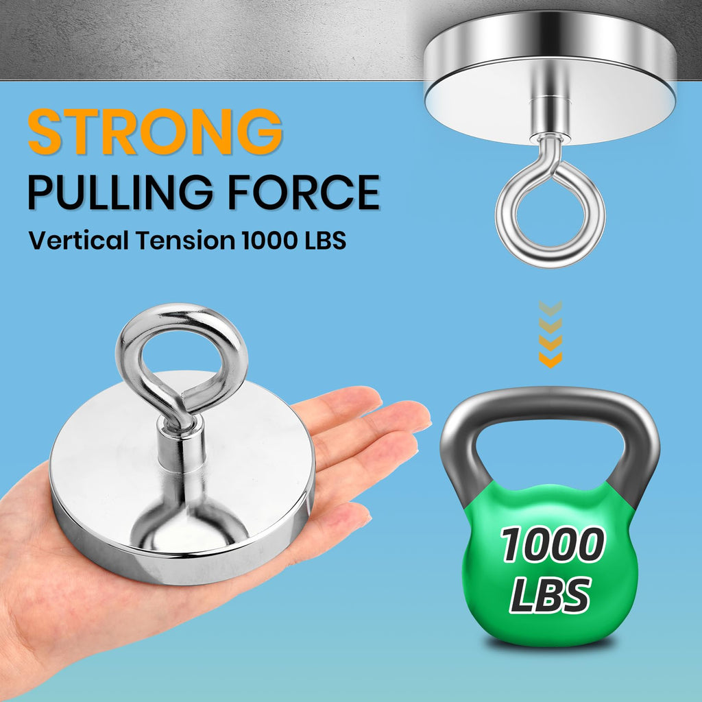 VNDUEEY Super Strong Neodymium Fishing Magnets, 1000 lbs Pulling Force, Rare Earth Magnets, Magnet Fishing with Countersunk Hole Eyebolt for Retrieving in River Lake, Beach, Lawn -3.54"
