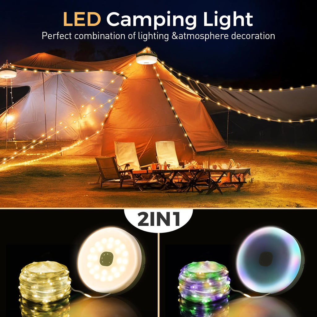 KUQIHUG Camping String Lights, Quick Storage 32.8FT Rechargeable Tent Lights with 8 Modes, Hanging Waterproof Portable LED Lamp for Outdoor Patio Awning Garden Party Camping Essentials