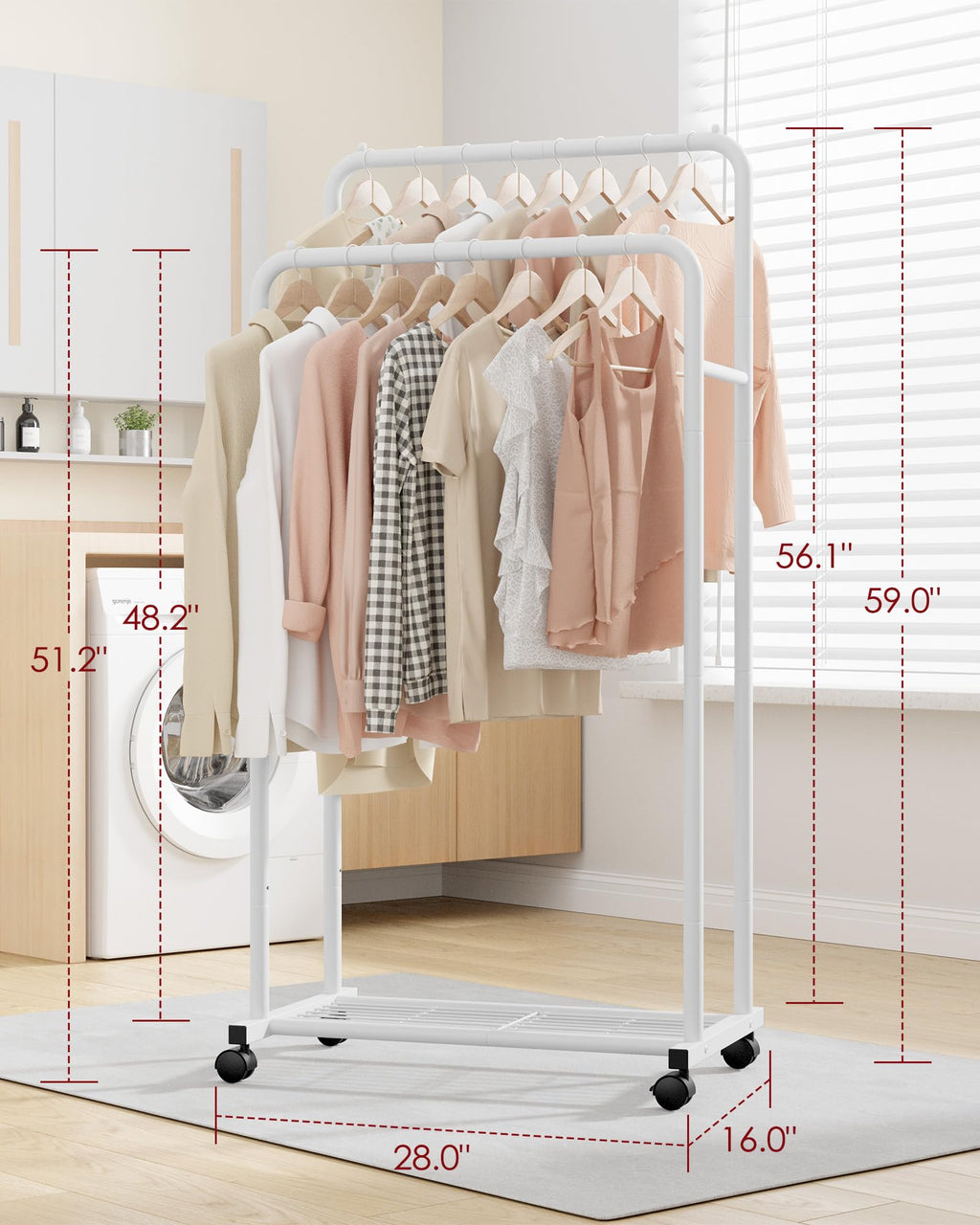 Sakugi Clothes Rack - Clothing Rack with Storage Mesh Shelf & Casters, Heavy-Duty Metal Clothing Rack for Hanging Clothes, Dresses, Coats, Large Load Capacity, Easy Assembly, White, 28.7"x16.5"x59.1"