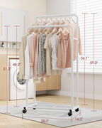 Sakugi Clothes Rack - Clothing Rack with Storage Mesh Shelf & Casters, Heavy-Duty Metal Clothing Rack for Hanging Clothes, Dresses, Coats, Large Load Capacity, Easy Assembly, White, 28.7"x16.5"x59.1"