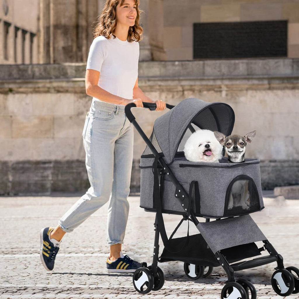Dog Stroller 3-in-1 Folding Dog Stroller for Medium Small Dogs Pet Stroller Cat Stroller 4 Wheels with Detachable Carrier Storage Basket Waterproof Lightweight for Travel,Grey