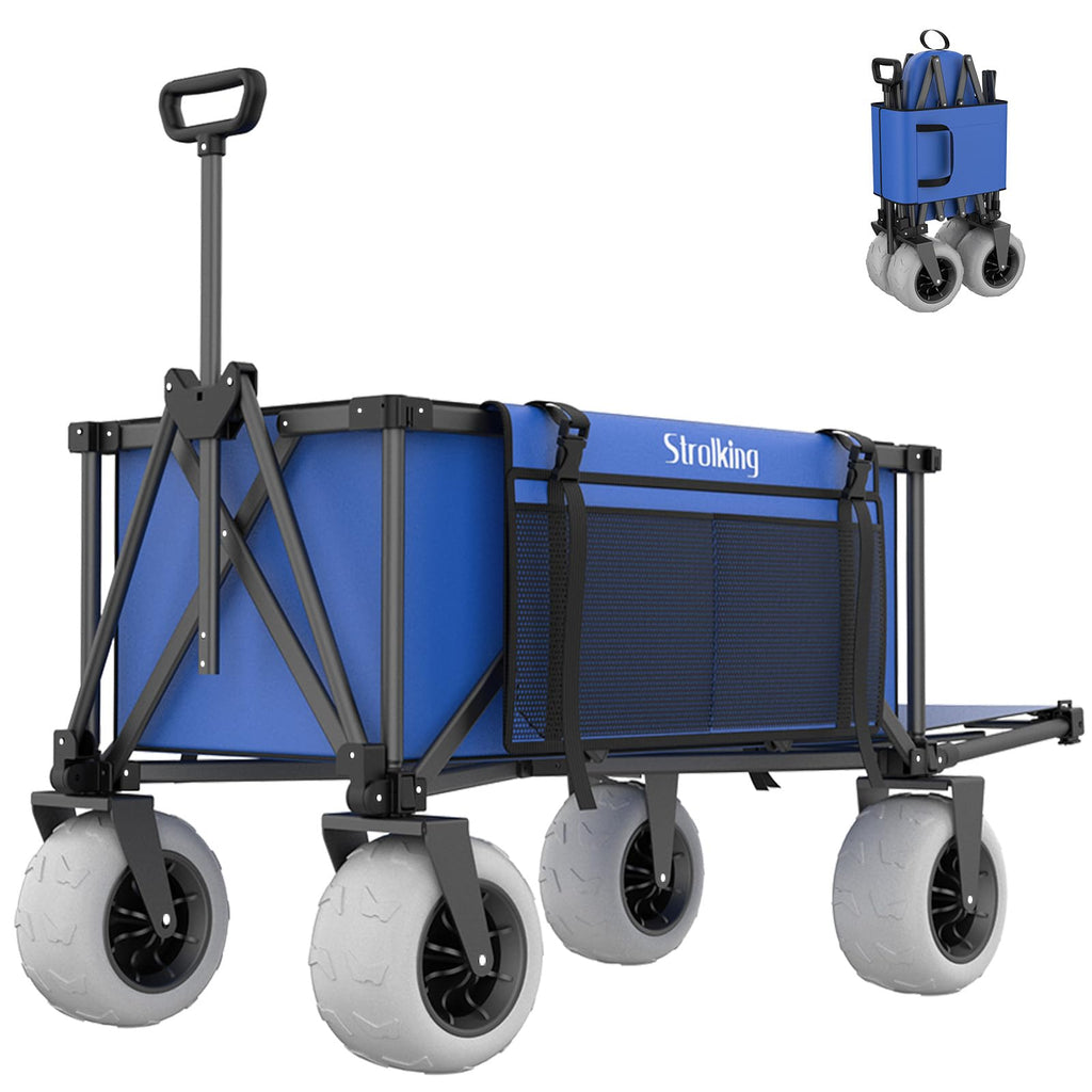51" L Beach Wagon with 9" Sand Wheels,260L Collapsible Beach Cart with Rear Tailgate,Heavy Duty Wagon for Sand, Camping, Fishing and Sport,Blue