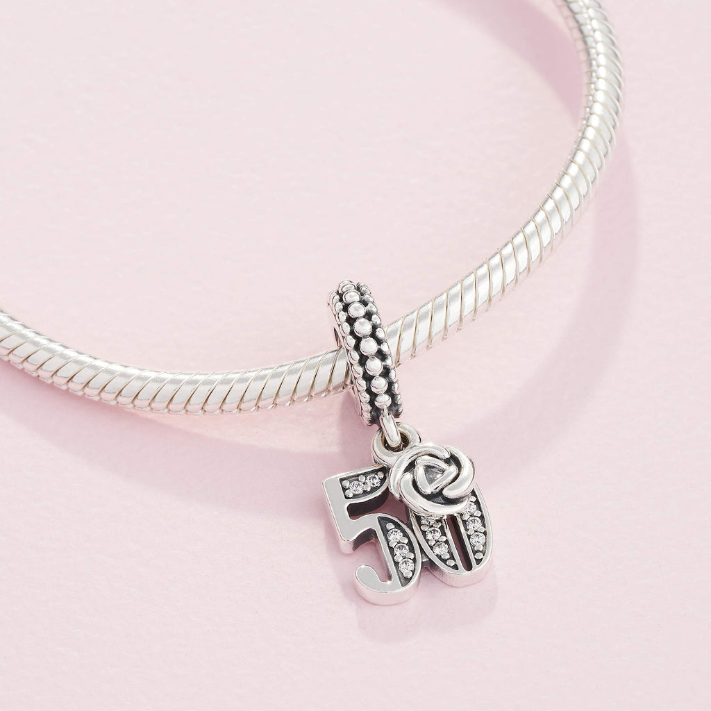 PANDORA 50th Celebration Dangle Charm - Compatible Moments - Sterling Silver with Clear Cubic Zirconia - Gift for Her - Jewelry for Women with Gift Box