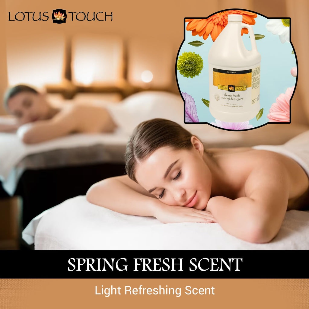 Lotus Touch Always Fresh Laundry Detergent For Massage Table Sheets and Spa Linens Professional Grade - 1 Gallon - Spring Fresh Scent - Removes Tough Stains Left by Massage Oil, Lotion and Cream