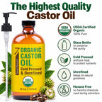 Seven Minerals USDA Organic Castor Oil - Big 16 oz Glass Bottle with Pump - 100% Pure Cold Pressed Unrefined Hexane Free - for Hair Growth, Eyelashes, Eyebrows, Skin, Cuticles & Caster Oil Packs