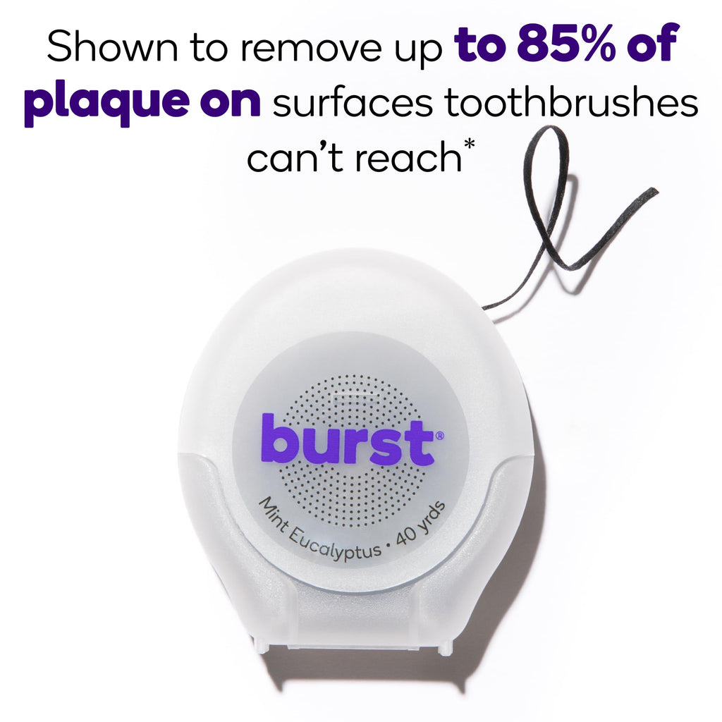 BURST Expanding Dental Floss (Mint Eucalyptus/40 Yards) | Stain Absorbing & Woven Tooth Floss with Xylitol Coating to Fight Cavities | Vegan | Paraben Free Expanding Floss