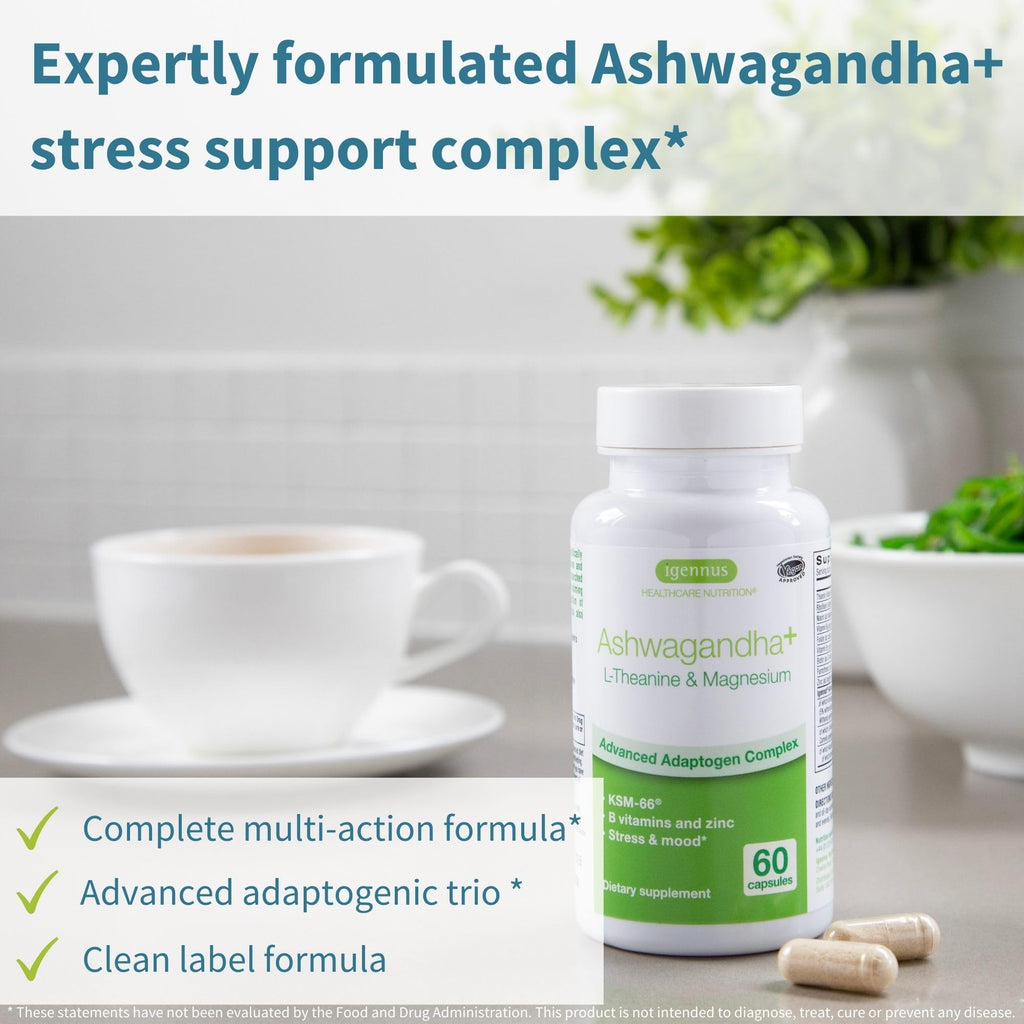 Igennus High Strength Ashwagandha, Magnesium, & L-Theanine Stress Relief Complex, KSM-66 Root Extract Adaptogens, Boosted with Methylfolate, Zinc & Biotin Clean Label, 60 Fast Acting Capsules