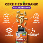 Organic Ceylon Cinnamon Supplement 1800mg Per Serving - Extra Strength Certified Organic Ceylon Cinnamon Powder Pills - Energy & Heart Support Antioxidant for Women & Men, Bottled USA - 120 Capsules