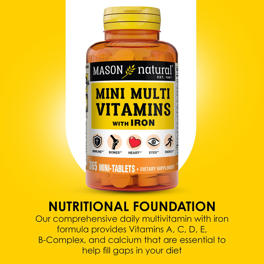 MASON NATURAL Mini Multi Vitamins with Iron, Vitamins A, C, D, E, B1, B2, B3, B6, B12, Folate and Calcium for Overall Health, 1 Year Supply
