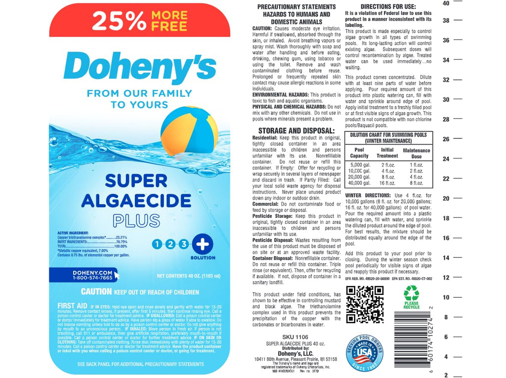 Doheny's Super Algaecide Plus | Pro-Grade | Effective Against Most Algae Types | 7.1% Chelated Copper (Reduces Staining) | Non-Foaming, No Clouding | Safe to Swim After Use | 4 x 40oz Bottles (160oz)