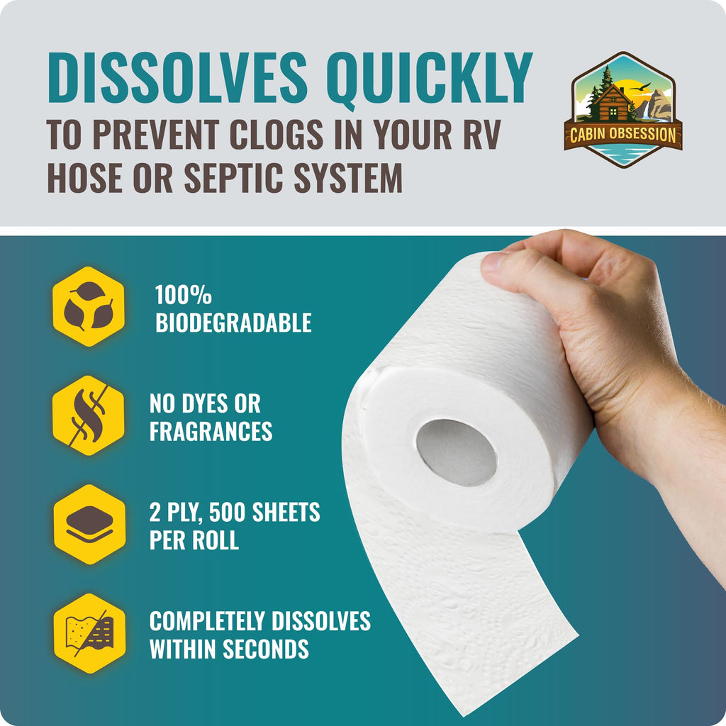 RV Toilet Paper - 12 Pack Septic Safe Toilet Paper 2-Ply Quick Dissolving Camper Tissue Paper Septic Safe to Prevent Clogs - Perfect for Automotive RVs, Septic Tank Systems, Boats, and Camping