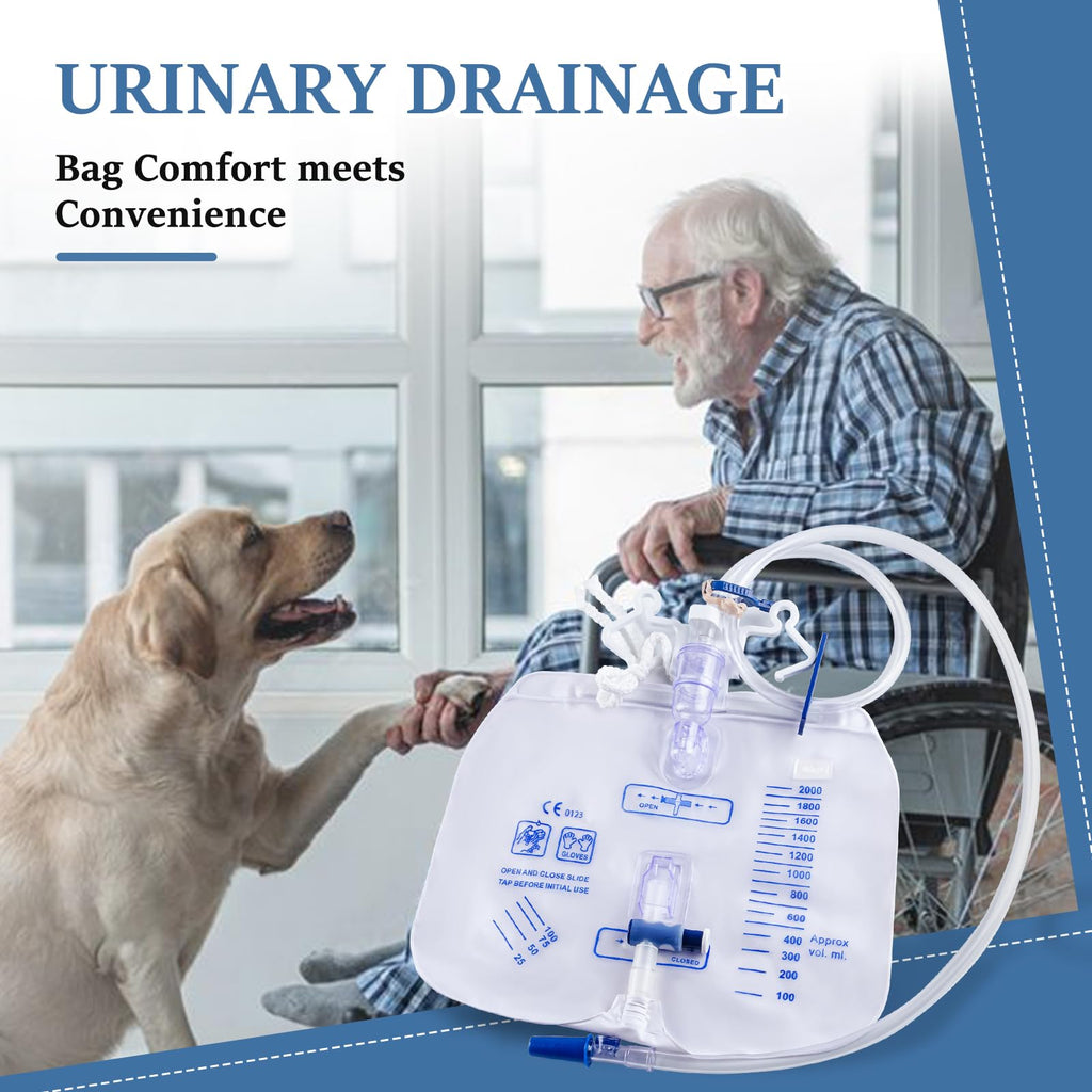 5 Pack 2000ml Urine Drainage Bag with 48" Tube, Leak Proof Anti Reflux with Cross-Shaped Drainage Valve and Dual Hook for Easy Hanging