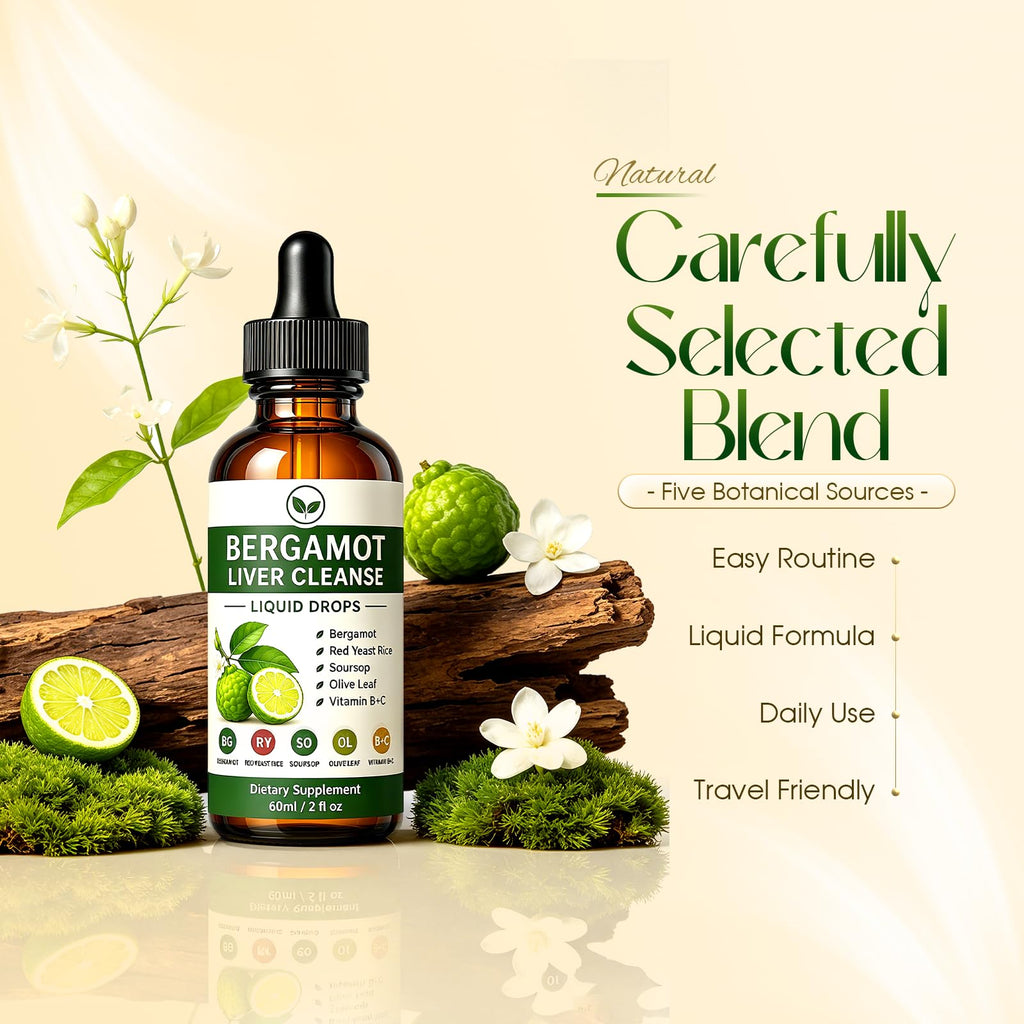 Bergamot Liver Cleanse Formula -with Citrus Bergamot,Olive Leaf, Garlic,Black Pepper Extract,Plant-Based Polyphenol Formula Complex Drops for Daily Digestive,Non-GMO, 2 fl oz (60 mL)