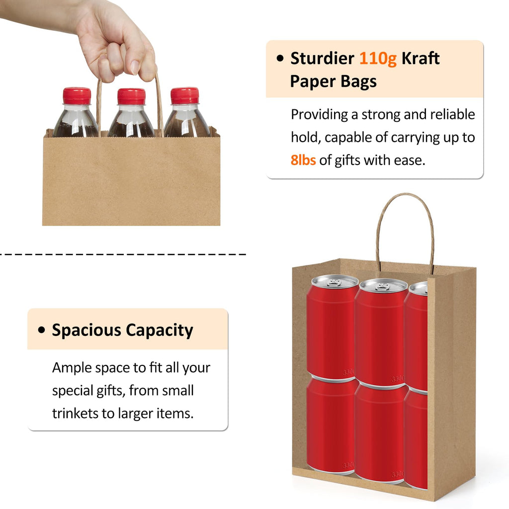 BagDream Gift Bags with Handles 8x4.25x10.5 Inch Brown 100 Pack Bulk