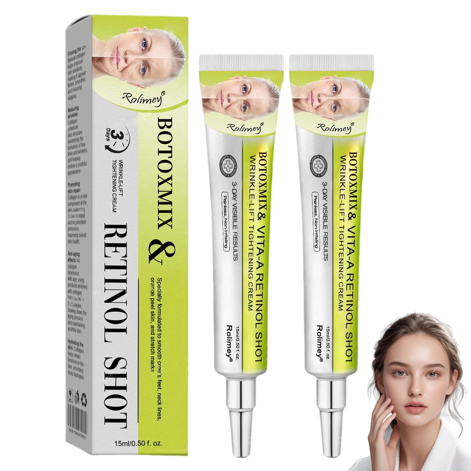 Botoxmix & Vita-A Retinol Shot Wrinkle-Lift Tightening Cream, Rolimey Wrinkle-Lift Tightening Cream, effectively lifts and firms the skin, and reduces wrinkles and fine lines. (2PCS)