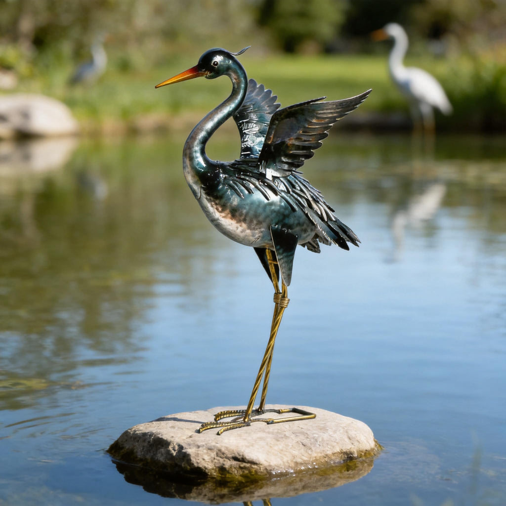 chisheen Crane Garden Statue Metal Heron Outdoor Decor Yard Art Bird Gift
