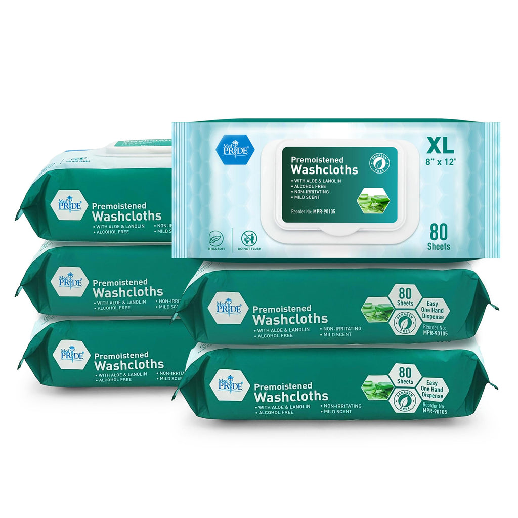 MED PRIDE Extra Soft XL Premoistened Disposable Adult Washcloths 8” X 12” Bath Wipes for Sensitive Skin with Aloe Vera, Case of 480 (80ct, Pack of 6)